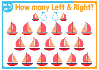 children's educational game, tasks. count how many elements will be placed on the right and how many on the left. boat, ship, trucks, car.