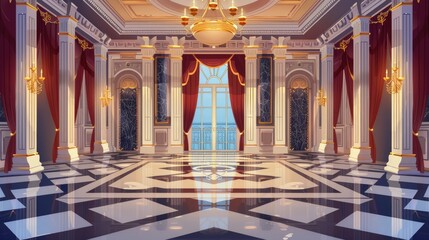 The interior of the ballroom in the royal palace with a marble floor. Cartoon illustration.