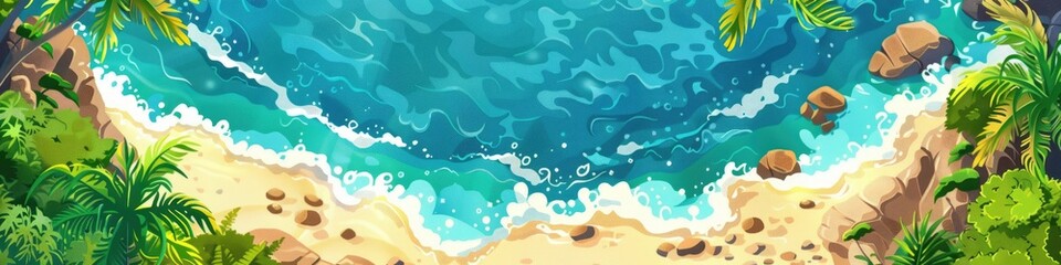 Fototapeta premium Top view of the coast of a tropical island. Cartoon illustration.