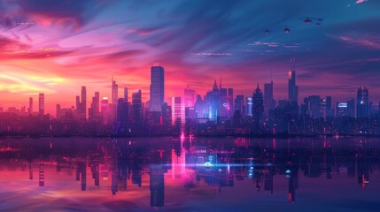 Obraz premium A City Skyline Is Reflected in a Body of Water at Sunset With the Sun Setting Behind It - Generative AI