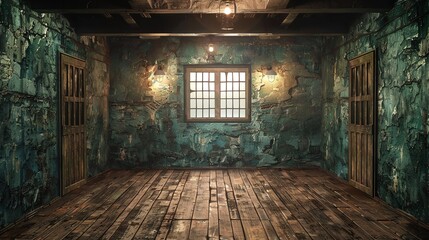 Obraz premium A dimly lit, abandoned prison cell with barred windows and a wooden floor. The walls are worn and faded, creating a sense of decay and isolation.