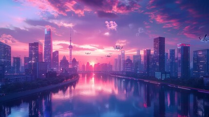 Fototapeta premium A View of a City Skyline With Flying Objects in the Sky and a Body of Water in the Foreground - Generative AI