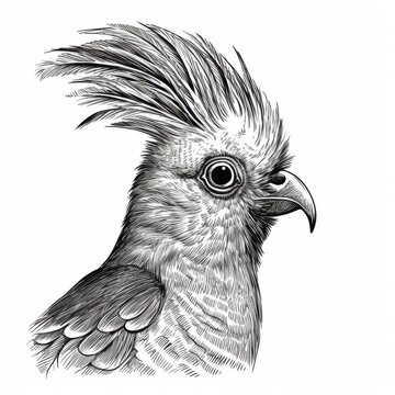 recommend clip art: Black and white Vintage engraved art of a cockatiel portrait isolated on white background, ink sketch illustration, simple vector art design, highly detailed line art, high contrasty