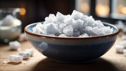 Salt Crystals in Ceramic Dish Basking in Natural Light.