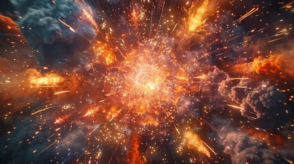 Dynamic burst of fireworks in various colors and shapes, capturing the excitement of a festival with no people present in the shot