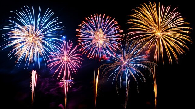 Dynamic burst of fireworks in various colors and shapes, capturing the excitement of a festival with no people present in the shot