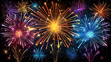 Bright and colorful fireworks with elaborate designs filling the sky, emphasizing the celebration atmosphere without any people in sight