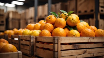 Ripe organic oranges in wooden crates at warehouse, with blurred background and space for text.