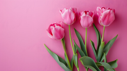 Fototapeta premium Beautiful pink tulips on a coordinating pink backdrop, ideal for springthemed projects, romantic events, and floral arrangements. This image evokes elegance and natures beauty