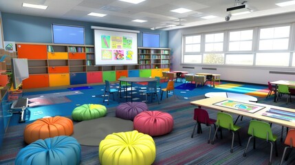 Classroom design featuring creative zones and interactive learning tools