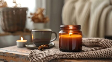 Warm candle in brown jar, winter decor with mug and blanket