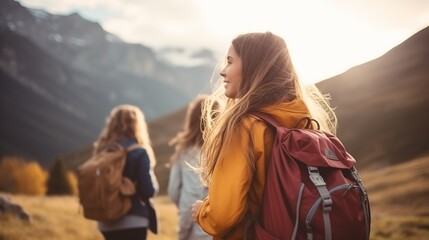 Group of friends traveling together, enjoying youth and adventure with copy space