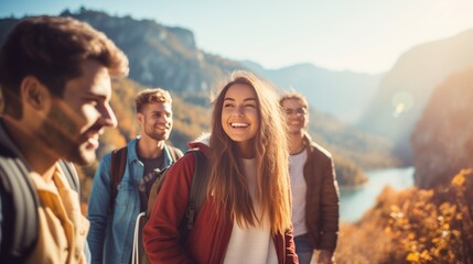 Group of friends traveling together, enjoying youth and adventure with copy space