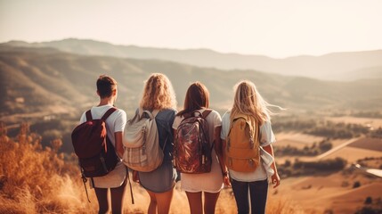 Group of friends traveling together, enjoying youth and adventure with copy space