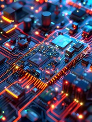 Fototapeta premium Detailed close-up of a high-tech electronic circuit board, illuminated with neon blue and red lights, showcasing intricate microchips, resistors, and various electronic components.