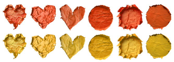 Collection set of orange yellow crumpled crushed scrunched torn paper heart love, circle round shape on transparent background cutout, PNG file. Many different design. Mockup template artwork graphic