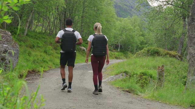 Two hikers walk along a forest path in Innerdalen, Norway's picturesque mountain valley