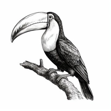 recommend clip art: Black and white Vintage engraved art of a toucan isolated on white background, ink sketch illustration, simple vector art design, highly detailed line art, high contrasty
