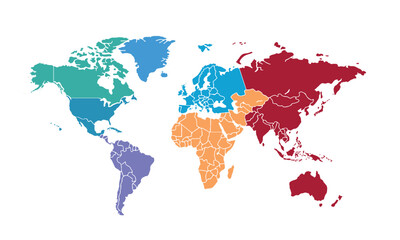 World map with individual colors,isolated on white background for website layouts,background,education, precise,customizable,Travel worldwide,map silhouette backdrop,earth geography, political,reports
