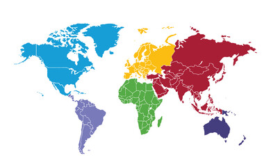 World map with individual colors,isolated on white background for website layouts,background,education, precise,customizable,Travel worldwide,map silhouette backdrop,earth geography, political,reports