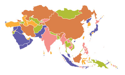 Obraz premium Asia map with individual colors,isolated on white background for website layouts,background,education, precise,customizable,Travel worldwide,map silhouette backdrop,earth geography, political,reports