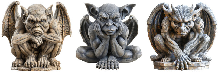 A set of 3 Gargoyles on a transparent background, Architecture, Design, repair, room, Exterior, Interior, Details, Decorative elements, house, png file, cut off bg, alpha channel