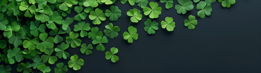 Lush green clovers spread across a dark surface, vibrant foliage showcasing heart-shaped leaves symbolizing luck and natures beauty, perfect for seasonal decorations.