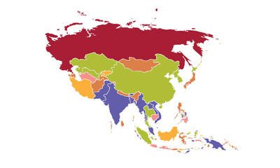 Asia map with individual colors,isolated on white background for website layouts,background,education, precise,customizable,Travel worldwide,map silhouette backdrop,earth geography, political,reports