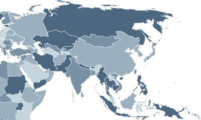 Asia map with individual colors,isolated on white background for website layouts,background,education, precise,customizable,Travel worldwide,map silhouette backdrop,earth geography, political,reports