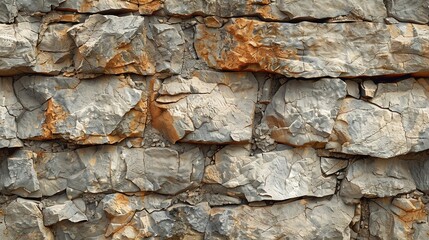Rough, textured stone wall with irregular layers and a mix of gray and brown tones.