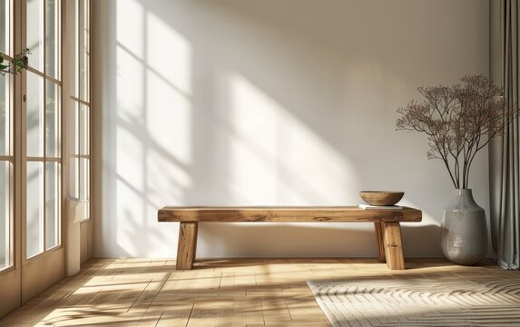 Fototapeta A solid wooden bench in corner room near a branch tree in a ceramic pot and carpet over the wooden floor near large windows in sunlight