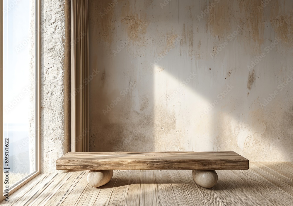 Wall mural minimalist interior with a rustic wooden bench on stone foot in empty beige corner room and wooden f