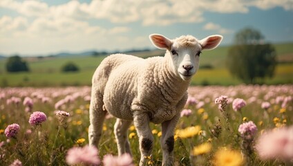 Obraz premium Young lamb grazing in flower field on sunny day serene farm animal scene with space for text.