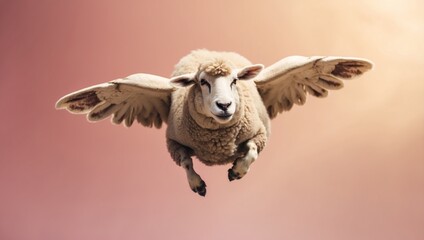 Superhero sheep flying on gradient pastel background with spacious area for text placement.