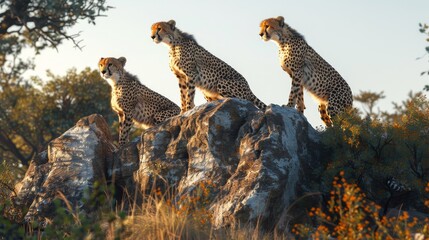 Three Cheetahs Sitting on Top of a Rock Formation in the Wilds of Africa - Generative AI