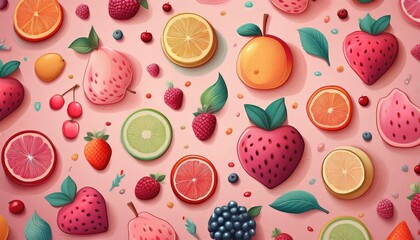 Fruit pattern, seamless fruit pattern, There is a light pink background with various fruit designs on the background, colorful fruits pattern background