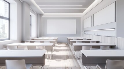 Fototapeta premium Classroom with minimalist white and grey d?(C)cor, light wooden flooring, and clean lines