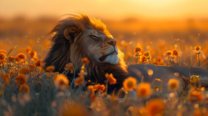 a lion is resting in a flower field