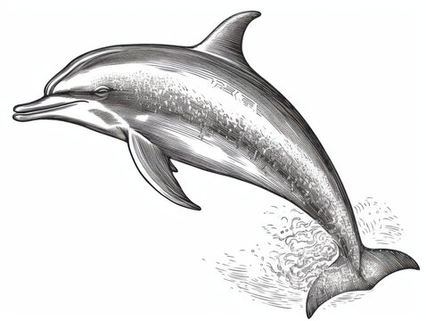 recommend clip art: Black and white Vintage engraved art of a dolphin isolated on white background, ink sketch illustration, simple vector art design, highly detailed line art, high contrast -