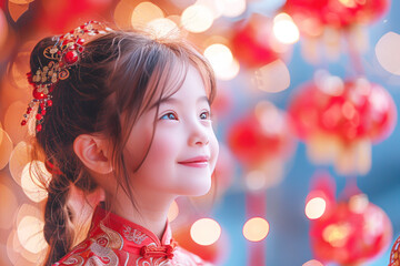 Chinese girl smile wearing red cheongsam at lunar chinese new year festival