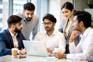 "Indian Business Team Brainstorming Ideas in Office" – A group of professionals collaborating and brainstorming.
