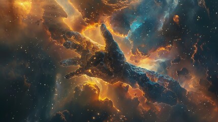 A nebula in space is shaped like an abstract human being with arms and legs reaching out to each other. The color palette includes orange, blue, yellow, brown and black. The style is hyper realistic a
