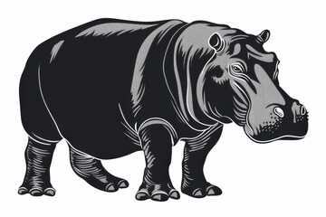 Fototapeta premium Black and white flat vector art of a hippopotamus, svg style, isolated on white background, simple vector art design 