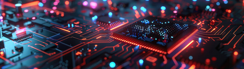 Futuristic Circuit Board with Glowing Microchip and Neon Lights in a High-Tech Environment