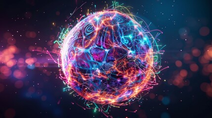 Obraz premium A colorful, glowing sphere made up of particles and wires. The sphere is warped and 3D. It looks like a futuristic design element that could be used in a video game or movie.
