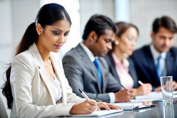 "Indian Businesswoman Writing Notes During Meeting" – A professional woman taking notes during a business meeting.
