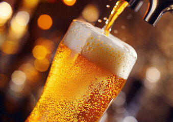 Pouring beer from tap, International Beer Day, close-up shot, golden liquid, frothy head, bar backdrop,