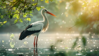 Fototapeta premium Tranquil Stork in Misty Lake
