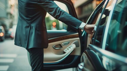 A personal driver provides a convenient service by opening the car's backseat door for a successful businessman.