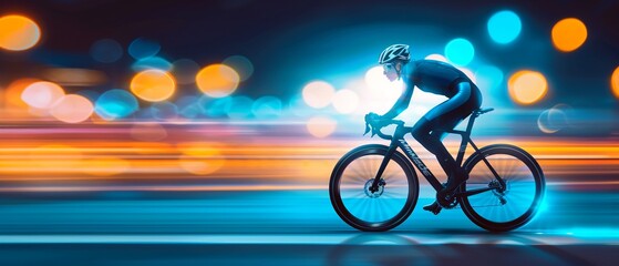 Fototapeta premium Cyclist sporting aerodynamic gear with shining accents, dynamic cityscape backdrop, photorealistic, vibrant colors